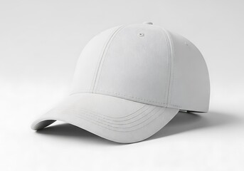 A plain white baseball cap isolated on a seamless white background