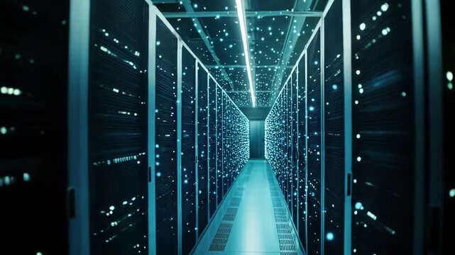 Modern data center corridor showing rows of glowing server racks transmitting information, representing concepts of cloud computing, big data, and futuristic digital technology
