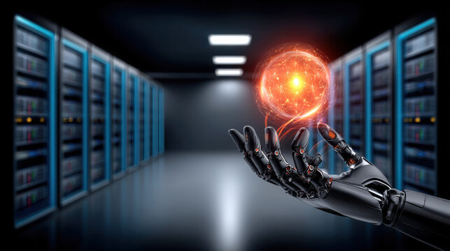 Robotic hand holding glowing data orb in server room, cybernetic hand, data sphere, futuristic energy, technology