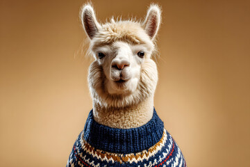 Fototapeta premium Llama poses in a sweater against a plain background during indoor session