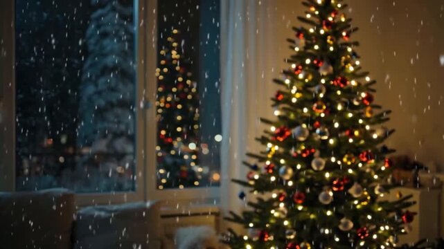 seamless animation of a festive Christmas tree background with a warm and magical holiday atmosphere. Feature a beautifully decorated evergreen tree glowing with golden fairy lights, sparkling 