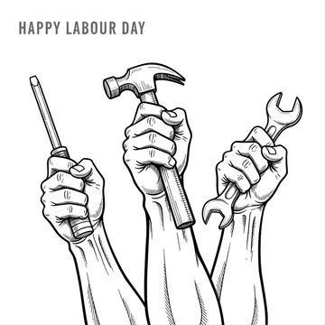 International Workers Day Celebration Concept with Labor Symbols and Typography on May Day