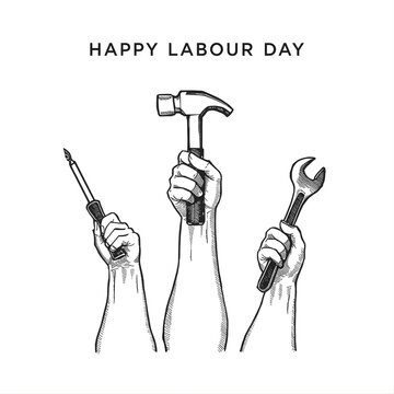 International Workers Day Celebration Concept with Labor Symbols and Typography on May Day