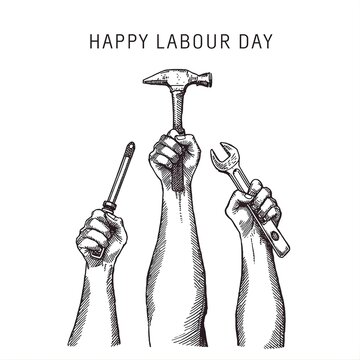 International Workers Day Celebration Concept with Labor Symbols and Typography on May Day
