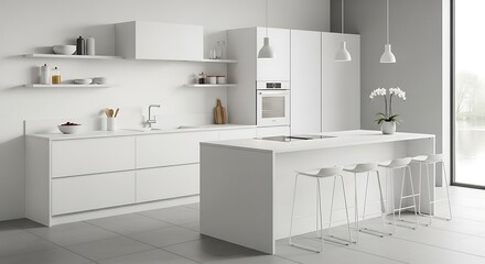 Modern White Kitchen Island with Bar Stools and Sleek Cabinetry.