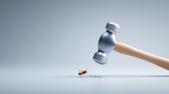 Large hammer poised above a small bee on a minimalistic background, illustrating the concept of disproportionate force in a surreal manner
