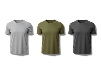 Three t shirts in gray olive green and charcoal colors displayed on a white background