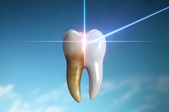 A close-up view of a tooth being treated with a laser beam in the sky