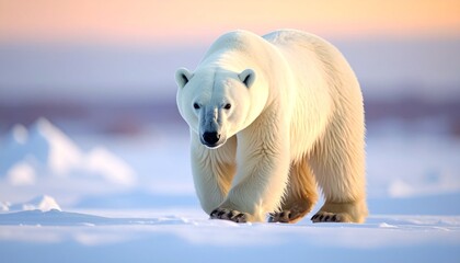 Polar bear walking on vast arctic ice field