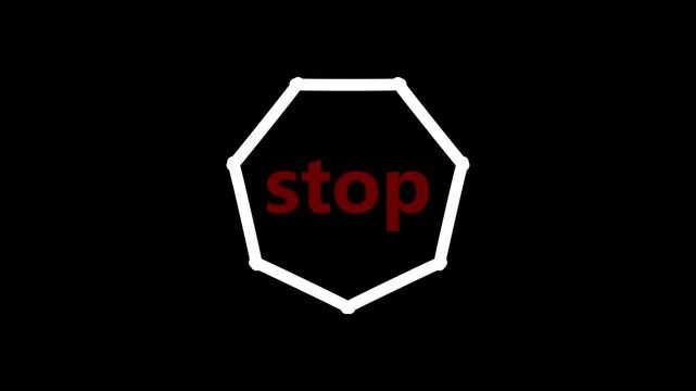 White hexagonal stop sign outline with red text spelling stop in the center against a black background, symbolizing prohibition and warning in a minimalist