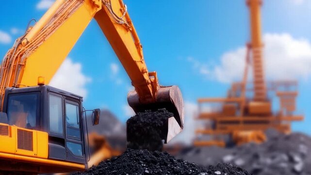 Mining Operation: A powerful excavator efficiently loads dark material, illustrating the strength and scale of the extraction process. conveying the industrial nature