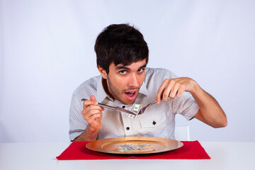 Man eating little dollar banknote