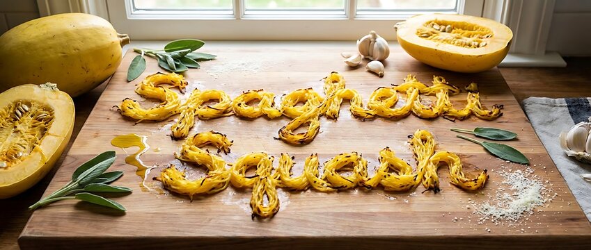 Spaghetti squash noodles spelling name on wooden cutting board