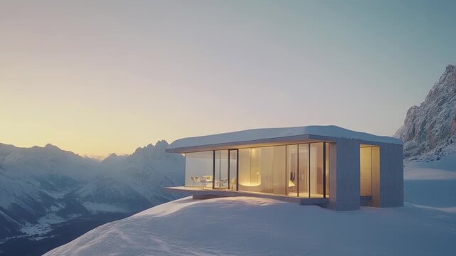 Contemporary minimalist glass house standing isolated on a snow covered mountain peak, offering luxurious panoramic views of vast winter landscapes during a tranquil sunset