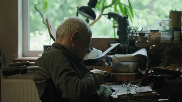 Elderly craftsman working in his old workshop, carefully restoring collectible Japanese bladed weapons