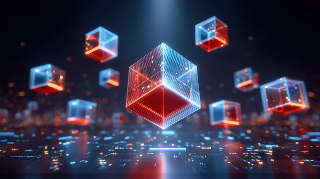 Glowing digital cube network, red and blue illuminated cubes floating above circuit board with particles