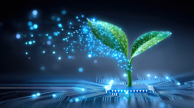 Glowing digital plant sapling with neon blue light particles rising from circuit chip, symbolizing technology and sustainable growth