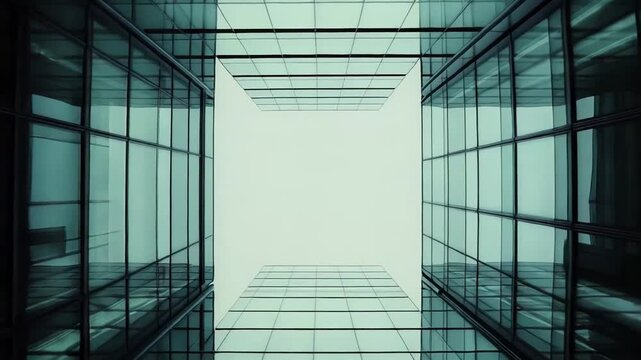 Corporate buildings featuring transparent facades and geometric shapes, framing blue sky and creating a sense of growth, business, and ambition in a contemporary urban environment