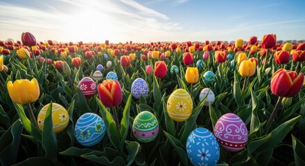 Obraz premium Easter sunday celebration with colorful tulips and decorated eggs