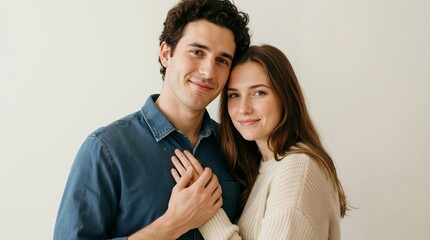 Fototapeta premium Portrait of a young Caucasian couple in love. Happy man and woman embracing against a neutral background. Intimacy and relationship concept