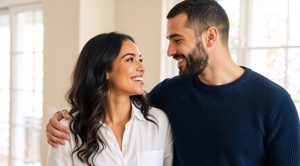 Obraz premium Happy young couple looking at each other and smiling at home. Romantic man and woman embracing indoors