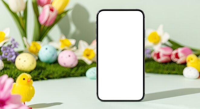 Easter sunday phone template with colorful eggs and spring flowers