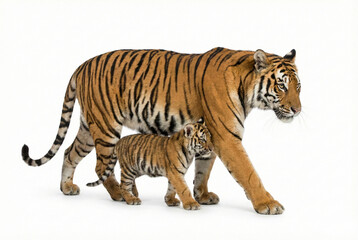 Fototapeta premium Bengal tiger mother walking with cute cub isolated on white background