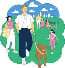 Diverse family and dog enjoying a sunny day in the park, with city skyline in background. Flat illustration style.