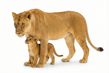 Obraz premium African lioness with cute cub standing on white background