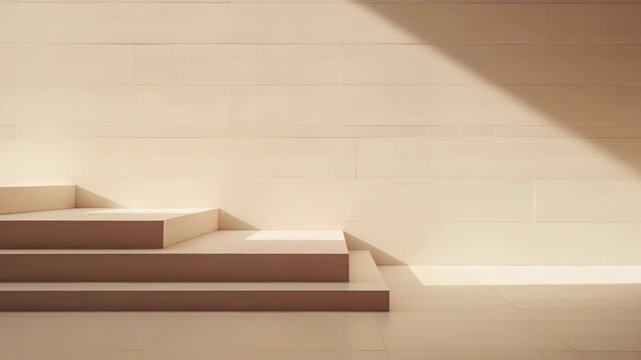 Empty room with three steps leading up to an elevated stage, featuring a warm beige wall illuminated by a diagonal beam of natural light and subtle shadows creating a serene atmosphere