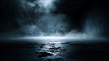 Naklejka premium Dark smoky atmosphere with illuminated floor and mist