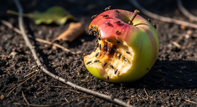 Flies swarming rotten apple on ground outdoors