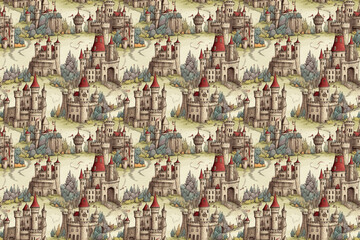 Fototapeta premium Seamless Pattern of Fairy Tale Castles with Spires, Turrets and Magic Glow, Whimsical Illustration for Children’s Design and Fantasy Themes