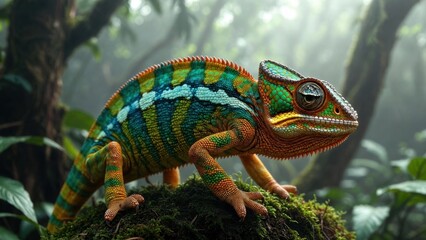 Fototapeta premium Vivid chameleon climbing over mossy rock in rainforest undergrowth.