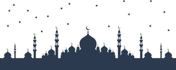 Islamic mosque skyline silhouette at night, Ramadan crescent domes and stars flat vector illustration background © Creative Soul