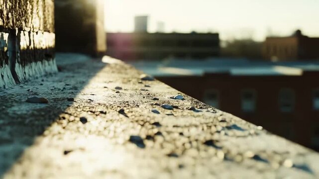 Urban rooftop wall and ledge catching soft morning sunlight, illuminating textured surface with tiny sparkling water droplets, creating a sense of natural beauty in a city environment