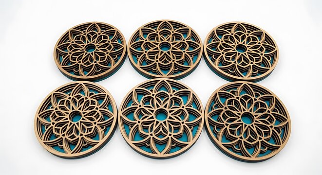 Six laser-cut wooden coasters with a floral mandala design, layered on blue backing