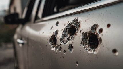 Fototapeta premium Bullet holes puncture a car’s side panel, dust and debris frozen mid-impact. The gritty close-up conveys violence, danger, and sudden, shocking disruption.