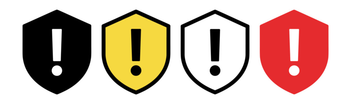 Shield warning icon set with exclamation mark, security and protection symbols isolated on transparent background