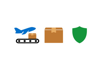 A flat illustration featuring icons for air freight, a cardboard shipping box, and a green security shield on a black background, representing logistics and secure delivery services.