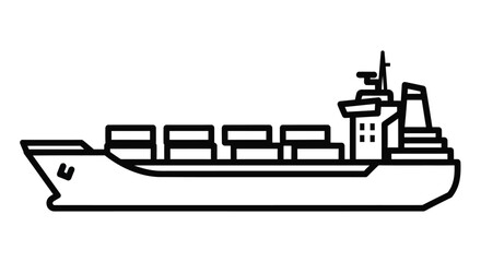 Naklejka premium Simple black and white line drawing of a large cargo ship at sea
