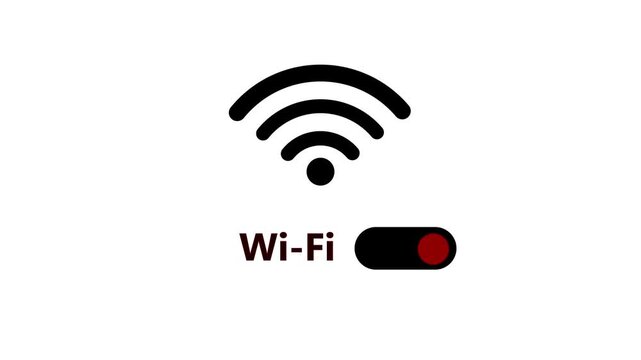 Wi- Fi symbol in black with a dark red indicator on a toggle switch, positioned above the text Wi- Fi in dark brown on a clean white background. Keywords: wifi symbol, wireless internet, network