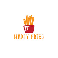 Happy Fries logo vector featuring a red cup filled with five yellow French fries personified with simple smiley face