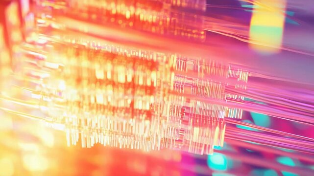 Digital data streams flow through neon lines and glowing nodes, forming a futuristic network grid that evokes big data, fiber optic communication, ai and modern technology systems