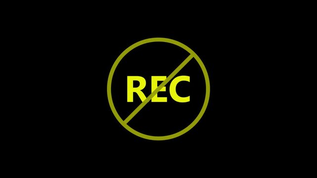 Yellow REC symbol with a diagonal line through it indicating no recording allowed on a solid black background with a subtle dark gradient effect and a clean minimalist Keywords: no recording