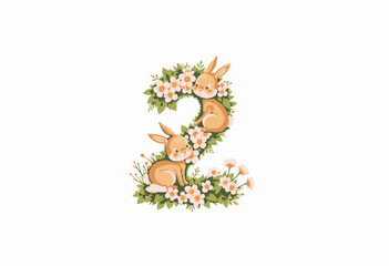 Fototapeta premium Whimsical Spring Scene with Playful Rabbits Nestled Among Blossoming Pink Flowers Creating a Vibrant Floral Number Two Design