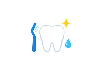 A flat illustration of a white tooth next to a blue toothbrush, a yellow sparkle, and a blue water drop, representing dental hygiene and oral care on a black background.