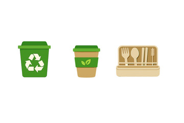 Three icons representing eco-friendly living: a green recycling bin with a symbol, a reusable coffee cup with a leaf, and a portable cutlery set in a case on a black background.