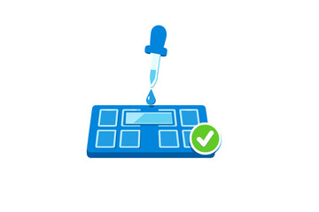 A blue dropper releases a single drop of liquid onto a digital testing device with square buttons. A green checkmark icon indicates a successful or positive result in this illustration.