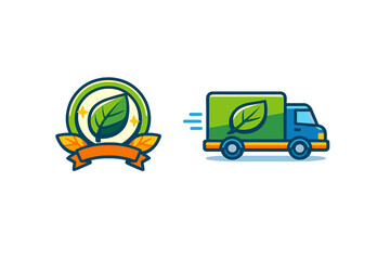 A vector illustration featuring an eco-friendly badge with a green leaf and a delivery truck with a leaf logo, symbolizing sustainable shipping and green logistics services.